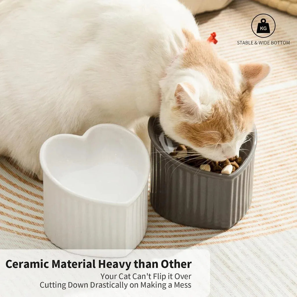 Love Shape Slanted Cat Bowl Ceramic Pet Bowl for Cats Food Water Feeding Dish - Green