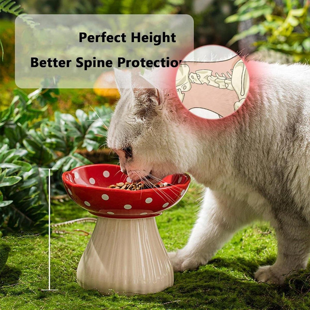 Pet Elevated Mushroom Bowl Ceramic Cat Dog Bowl Dish Food Feeder Raised Cat Bowl - Red