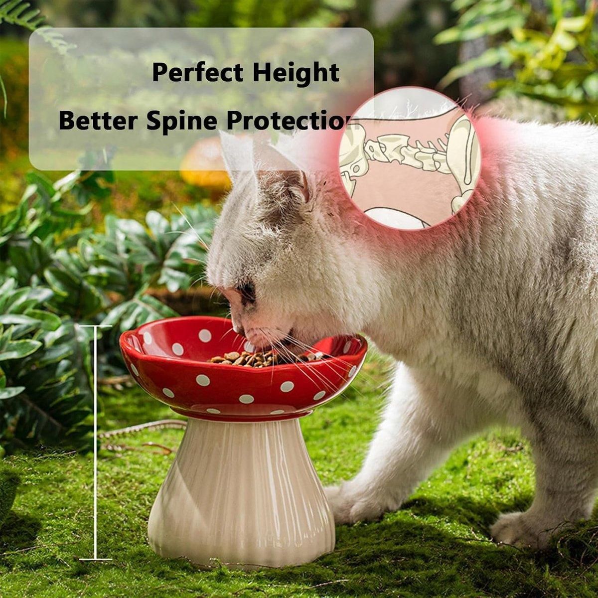 Pet Elevated Mushroom Bowl Ceramic Cat Dog Bowl Dish Food Feeder Raised Cat Bowl - Red