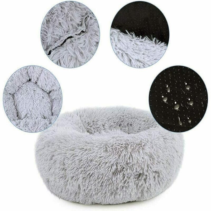 L-70CM Dog Cat Pet Calming Bed Washable ZIPPER Cover Warm Soft Plush Round Sleeping - Grey