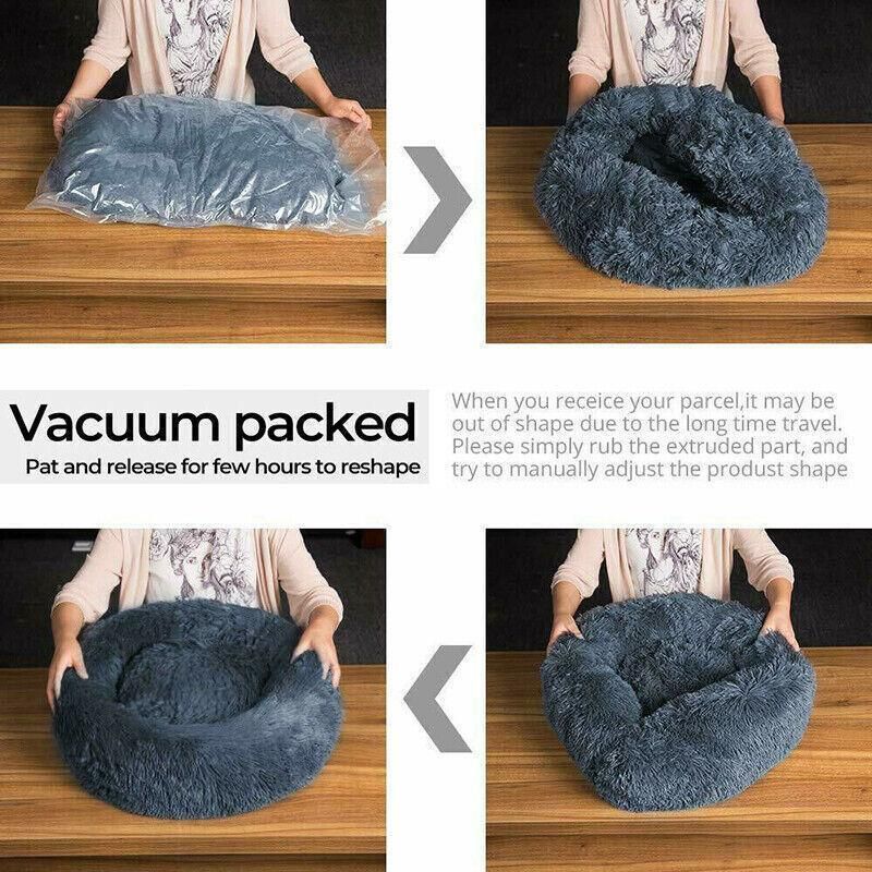 L-70CM Dog Cat Pet Calming Bed Washable ZIPPER Cover Warm Soft Plush Round Sleeping - Light Grey