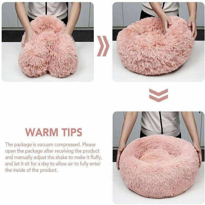 L-70CM Dog Cat Pet Calming Bed Washable ZIPPER Cover Warm Soft Plush Round Sleeping - Light Grey