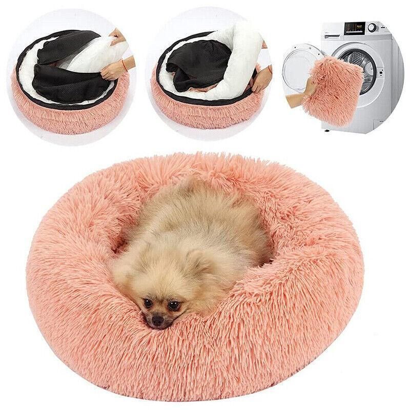 L-70CM Dog Cat Pet Calming Bed Washable ZIPPER Cover Warm Soft Plush Round Sleeping - Light Grey
