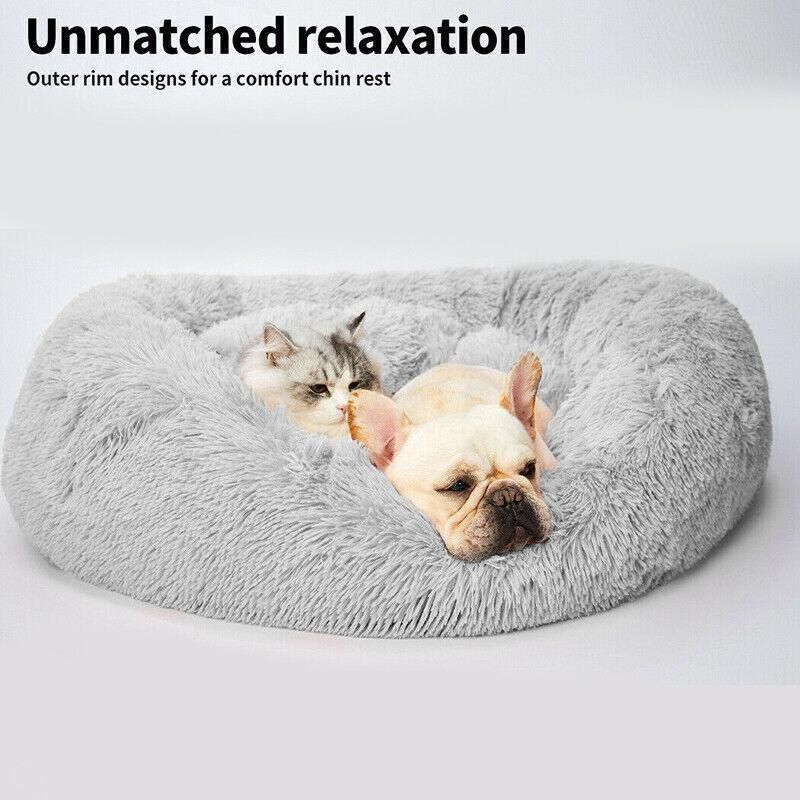 L-70CM Dog Cat Pet Calming Bed Washable ZIPPER Cover Warm Soft Plush Round Sleeping - Light Grey